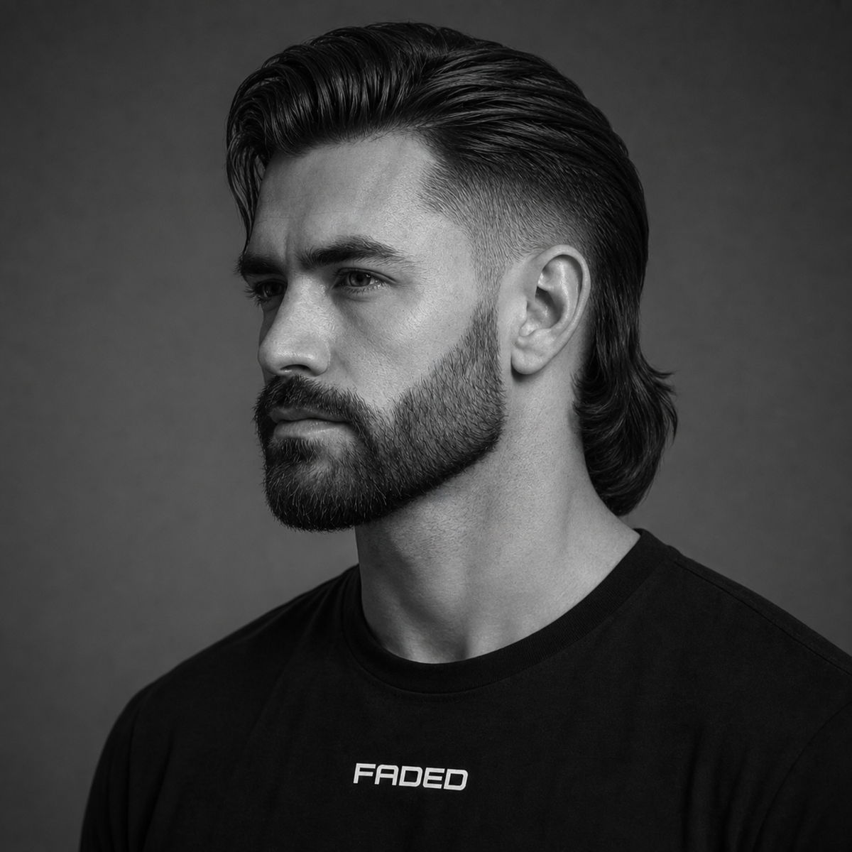 slick back modern mullet + beard
