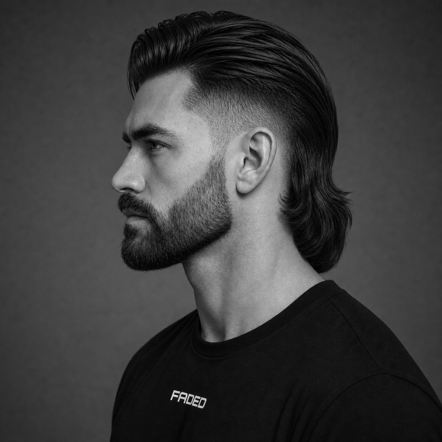 slick back modern mullet + beard