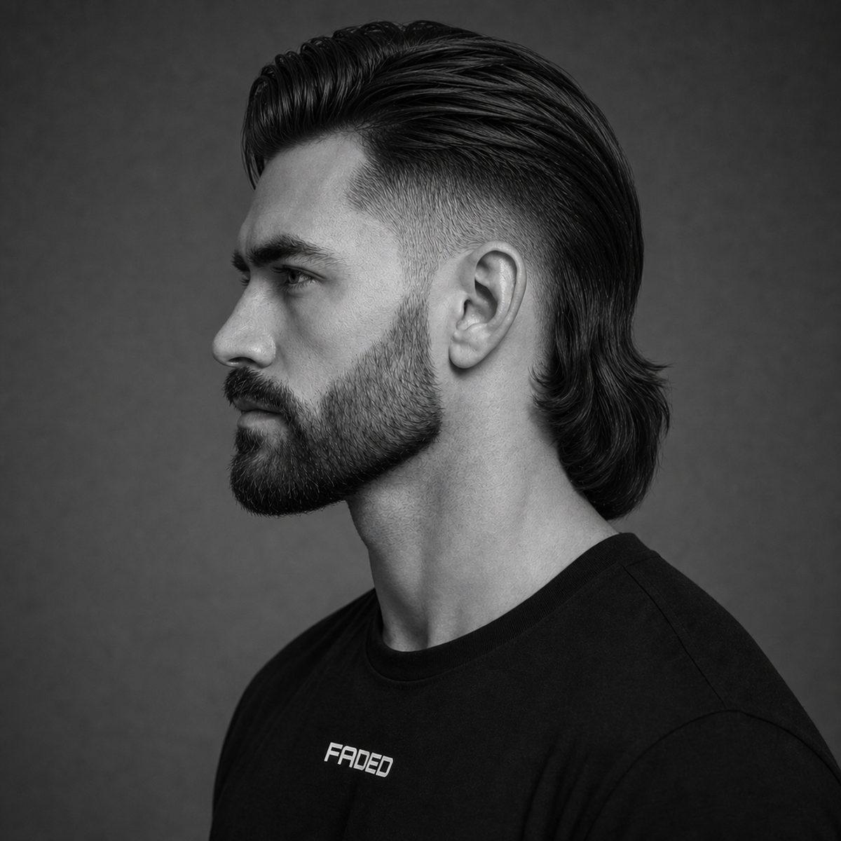 slick back modern mullet + beard