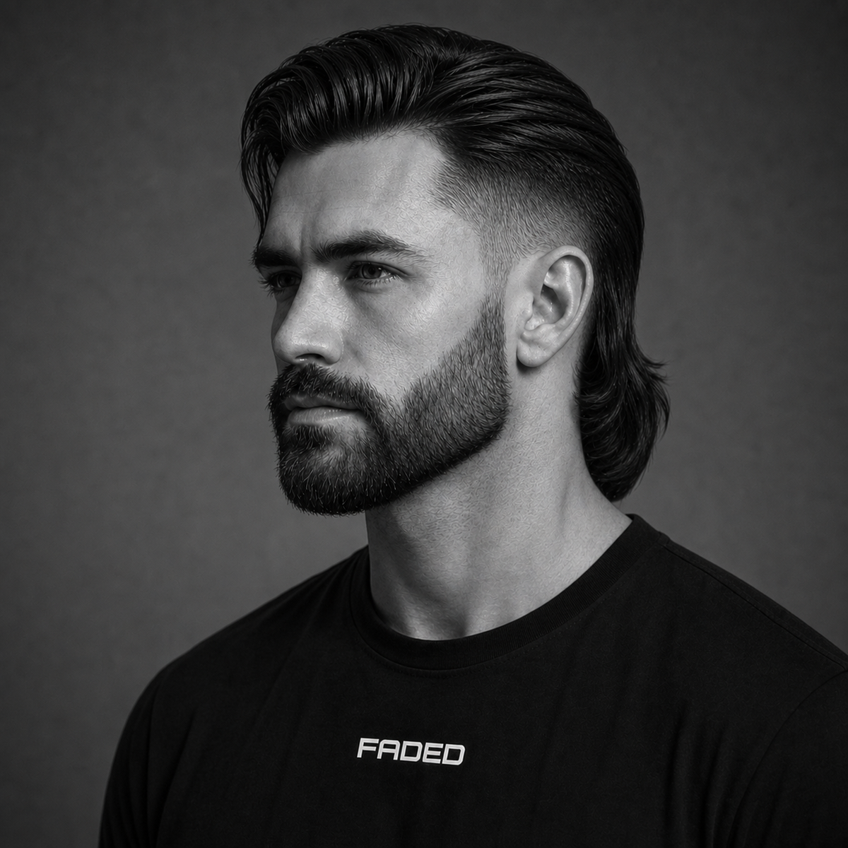 slick back modern mullet + beard